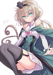 1girl absurdres ass black_hairband black_thighhighs blonde_hair blue_capelet blue_eyes blue_overskirt braid breasts capelet corset crown dress earrings flower garter_straps hair_between_eyes hairband half_up_braid highres hizaka jewelry kantai_collection long_hair long_necktie long_sleeves looking_at_viewer low-tied_long_hair mini_crown necklace off-shoulder_dress off_shoulder red_flower red_rose rose signature simple_background solo thighhighs twitter_username valiant_(kancolle) white_corset white_dress
