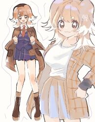 1girl :3 :d bare_legs beret black_jacket black_skirt boots breasts brown_boots brown_capelet brown_eyes brown_hair brown_hat capelet casual clenched_hands commentary hasu_hasuha hat highres jacket kimi_no_koto_ga_dai_dai_dai_dai_daisuki_na_100-nin_no_kanojo large_breasts looking_at_viewer medium_hair multicolored_hair multiple_views necktie ohananomitsu_high_school_uniform open_mouth oyomidtarumi pleated_skirt school_uniform simple_background skirt smile two-tone_hair white_background white_hair
