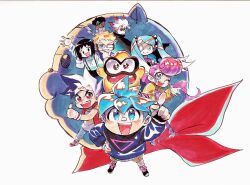 absurdres ahoge aqua_eyes aqua_hair aqua_pants aqua_shirt aqua_sleeve_cuffs aqua_sleeves asymmetrical_hair backwards_hat baseball_cap berecca big_hair black_bridal_gauntlets black_hair black_shorts black_suspenders blonde_hair blue_hood blue_hoodie blue_sleeves blush_stickers bridal_gauntlets brown_shoes burton_(ninjala) buttons cargo_shorts collared_jacket collared_shirt collared_vest commentary_request corocoro_comic dark-skinned_male dark_skin dated_commentary double-parted_bangs dreadlocks emma_(ninjala) everyone eyepatch fingernails fuma_(ninjala) glasses gungho hair_tie hat headphones high_collar highres hood hood_down hoodie horizontal-striped_thighhighs impossible_hair jacket jane_(ninjala) kappei_(ninjala) kinky_hair kushabiria long_hair looking_at_viewer lucy_(ninjala) multicolored_hair ninjala nose_tape official_art one_eye_covered opaque_glasses open_mouth padded_vest pants pants_rolled_up parted_bangs partially_opaque_glasses pink_shirt pink_thighhighs polo_shirt ponytail popped_collar print_hoodie print_shirt purple_hair purple_thighhighs red_eyes red_hair red_scarf red_shoes red_vest ron_(ninjala) scarf shide shirt shoes short_hair shorts sidelocks sleeveless sleeveless_shirt smile sneakers spiked_hair spiked_hair_ornament star_(symbol) star_print staring striped_clothes striped_thighhighs striped_wristband suspenders swept_bangs teeth thighhighs thumbs_up tomoya_(ninjala) traditional_media triangle_print twintails two-tone_hair undercut upper_teeth_only v-shaped_eyebrows van_(ninjala) very_long_hair vest waving white_hair white_hat wing_collar wristband yellow_eyes yellow_jacket yellow_sleeve_cuffs yellow_sleeves zipper_pull_tab