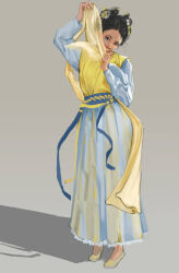 1girl banbi black_hair blue_eyes blue_hanfu blue_skirt chinese_clothes fchun full_body greyscale hanfu looking_at_viewer monochrome original realistic ruqun shoes skirt smile solo yellow_shoes