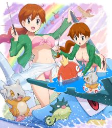 1girl absurdres adapted_costume bikini blush breasts brown_hair cleavage collarbone creatures_(company) cubone eyelashes game_freak gen_1_pokemon gen_2_pokemon green_eyes gyarados hair_tie happy highres holding hoppip innertube long_hair magikarp multiple_views navel nintendo open_mouth pidgeotto pink_bikini pointer pokemoa pokemon pokemon_(creature) pokemon_stadium ponytail qwilfish rainbow riding riding_pokemon sandals sarong shiny_skin side-tie_bikini_bottom smile splashing swim_ring swimsuit teacher_(pokemon) teaching tongue water