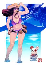 absurdres adjusting_clothes adjusting_headwear aircraft airplane animal artist_logo belt belt_pouch bikini black_hair bottle breasts character_request cleavage collarbone copyright_request dog goggles halterneck hashtag-only_commentary hat highres holding holding_bottle logo long_hair navel pouch purple_bikini straw_hat swimsuit vigwer wading water