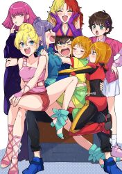 1boy 6+girls artist_name blonde_hair blue_eyes blush bodysuit bow breasts brother_and_sister brown_eyes brown_hair chara_soon cleavage clone closed_eyes closed_mouth commentary_request dress earrings elle_vianno elpeo_puru eyeshadow gloves green_eyes gundam gundam_zz hair_ornament haman_karn harem highres hug jacket jewelry judau_ashta junjonta large_breasts leina_ashta lipstick long_hair long_sleeves makeup mecha_pilot_suit medium_breasts multicolored_hair multiple_girls open_mouth orange_hair pants pink_hair ponytail purple_eyes purple_hair puru_two red_hair roux_louka shirt short_hair siblings skirt smile split-color_hair twitter_username two-tone_hair watermark