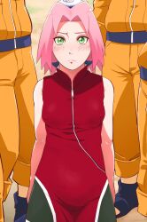 Rule 34 | 1boy, 1girl, blush, breasts, closed mouth, covered erect nipples, green eyes, hairband, haruno sakura, highres, konohagakure symbol, medium breasts, naruto (series), naruto shippuuden, pink hair, sahara wataru, short hair, source request, spiked hair, thighs, uzumaki naruto