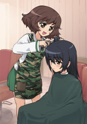 10s 2girls :d akiyama_yukari apron barber_chair black_hair blush brown_eyes brown_hair camouflage cutting_another&#039;s_hair cutting_hair drawfag girls_und_panzer hairdressing highres holding holding_own_hair md5_mismatch multiple_girls ooarai_school_uniform open_mouth orz_(orz57) prostration reizei_mako school_uniform scissors short_hair skirt smile