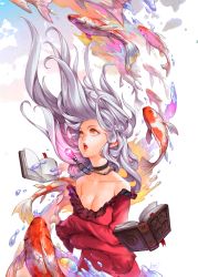 Rule 34 | 1girl, absurdres, bare shoulders, book, breasts, choker, cleavage, collarbone, commentary, commentary request, dress, earrings, english commentary, fish, goldfish, grey hair, highres, jewelry, long hair, long sleeves, medium breasts, necklace, off shoulder, open mouth, orange eyes, original, patipat asavasena, sleeves past wrists, solo