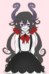 1girl arms_behind_back black_hair black_skirt black_suspenders bow bowtie closed_mouth collared_shirt colored_skin demon_girl demon_horns empty_eyes frilled_skirt frills funamusea gallaxi genderswap genderswap_(mtf) hair_between_eyes hair_bow horns long_hair low_twintails pink_background pointy_ears purple_eyes red_bow red_bowtie satanick_(funamusea) sharp_teeth shirt sidelocks simple_background sketch skirt smug solo suspender_skirt suspenders teeth twintails upper_body very_long_hair white_shirt white_skin