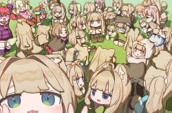 &gt;_&lt; 6+girls :3 absurdres ahoge all_fours animal_ears animal_hat arms_up bangs_pinned_back blonde_hair blue_eyes boots bow brown_eyes cat_hat character_request clone double_v glasses grass grey_hair hair_intakes hair_ornament hairclip hat highres holding holding_sign isanai_nuku_(vrchat) jitome kipfel_(vrchat) long_hair mamehinata minahoshi_(vrchat) multiple_girls neko_kakera no_nose outdoors peeking_out purple_eyes red_hair sign sitting tail too_many v vrchat