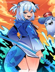 1girl absurdres artist_name bloop_(gawr_gura) blue_eyes blue_hair bright_pupils fins fish_tail gawr_gura highres holding holding_polearm holding_weapon hololive hololive_english jiansketch looking_at_viewer multicolored_hair open_mouth polearm shark_girl shark_tail sharp_teeth short_twintails smile solo tail teeth trident twintails virtual_youtuber weapon white_hair white_pupils