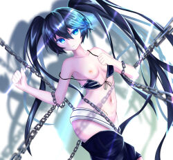 Rule 34 | 1girl, belt, bikini, black hair, black rock shooter, black rock shooter (character), black shorts, blue eyes, breasts, chain, flaming eye, long hair, medium breasts, navel, nipples, no shirt, restrained, scar, shorts, solo, swimsuit, tokyo (1421), twintails, uneven twintails