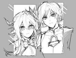 1boy 1girl bodysuit bow bowtie closed_mouth covered_collarbone cropped_torso cross-shaped_pupils diffraction_spikes fuchin22 genshin_impact greyscale hair_between_eyes hair_ornament highres leaf leaf_hair_ornament looking_at_viewer mandarin_collar monochrome nahida_(genshin_impact) out_of_frame scaramouche_(genshin_impact) shoulder_peek sidelocks sketch smile split_mouth symbol-shaped_pupils unfinished wanderer_(genshin_impact) wispy_bangs