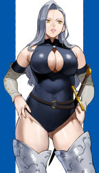 1girl armored_boots bare_shoulders belt blue_hair blue_leotard boots breasts cleavage cleavage_cutout clothing_cutout detached_sleeves hands_on_own_hips highres jericho_(nanatsu_no_taizai) large_breasts leotard light_blue_hair lips long_hair mokushiroku_no_yonkishi nanatsu_no_taizai parted_lips simple_background skin_tight solo stray_hair sword thigh_boots weapon yellow_eyes yoshio_(55level)