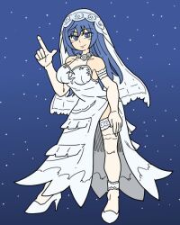1girl blue_hair breasts closed_mouth dress finger_gun full_body gloves green_eyes hamoya high_heels long_hair looking_at_viewer maria_traydor smile solo space star_(sky) star_ocean star_ocean_anamnesis star_ocean_till_the_end_of_time thighhighs wedding_dress white_dress white_gloves white_thighhighs