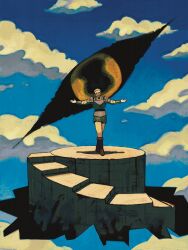 1boy armor blonde_hair bowing closed_eyes cloud cloudy_sky dungeon_meshi floating full_body highres laios_touden male_focus one-eyed open_mouth outdoors outstretched_arms plate_armor short_hair sky smile spiral_staircase spread_arms stairs standing surreal tunneisnakes