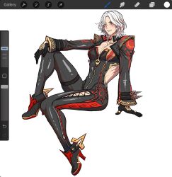 Rule 34 | 1boy, artist request, biker clothes, bikesuit, black bodysuit, black gloves, bodysuit, cosplay, crossdressing, dante (devil may cry), devil may cry (series), facial hair, genshin impact, gloves, highres, jacket, long sleeves, male focus, mavuika (genshin impact), mavuika (genshin impact) (cosplay), procreate (software), screencap, short hair, solo, tagme, white hair