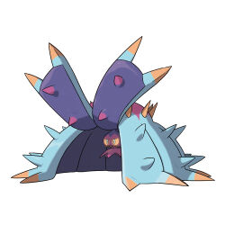 artist_request blue_eyes colored_sclera full_body gen_7_pokemon glowing glowing_eyes nintendo no_humans official_art pokemon pokemon_(creature) pokemon_focus pokemon_sm sharp_teeth simple_background solo spikes teeth third-party_source toxapex white_background yellow_sclera