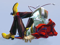 1boy ant_tenna black_pants crt deltarune full_body highres male_focus necktie object_head pants pointy_nose shirt shoes shrimpyjackal smile solo tailcoat yellow_necktie yellow_shoes