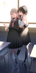 2girls absurdres black_hair black_sailor_collar black_shirt black_skirt black_socks brown_eyes classroom commentary_request grey_hair hand_on_another&#039;s_face highres indoors kneehighs long_hair making-of_available multiple_girls neckerchief open_mouth original pink_eyes pink_neckerchief pleated_skirt purple_shoes reflective_floor sailor_collar school_uniform serafuku shiratama_mochi shirt shoes short_hair skirt smile socks white_socks yuri