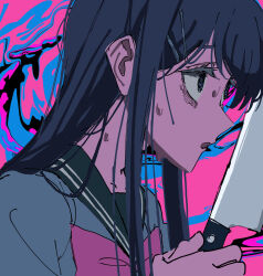 1girl aaa-yuyu blue_hair blue_sailor_collar bow danganronpa:_trigger_happy_havoc danganronpa_(series) eyelashes from_side hair_ornament hairclip highres holding holding_knife knife long_hair maizono_sayaka open_mouth pink_bow psychedelic sailor_collar shirt solo sweat