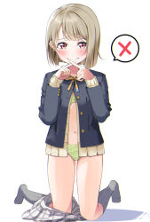 1girl absurdres black_jacket blazer blush bow bow_bra bra brown_bow brown_cardigan brown_hair cardigan closed_mouth commentary_request crossed_fingers female_focus green_bra green_panties grey_socks highres jacket kneehighs kneeling long_sleeves looking_at_viewer love_live! love_live!_nijigasaki_high_school_idol_club love_live!_school_idol_festival nakasu_kasumi navel nijigasaki_school_uniform no_shoes open_clothes open_jacket panties pleated_skirt red_eyes school_uniform shadow shaka_(staito0515) short_hair skirt skirt_around_one_leg sleeves_past_wrists socks solo spoken_x tears underwear white_background white_skirt x_fingers