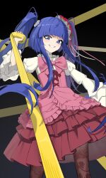 Rule 34 | 1girl, absurdres, black background, blue eyes, blue hair, blunt bangs, bow, bowtie, brown pantyhose, choker, commentary, corset, cowboy shot, duct tape, floral print, frilled skirt, frills, furudo erika, grin, highres, holding tape, layered skirt, layered sleeves, long hair, long sidelocks, long sleeves, pantyhose, pink bow, pink bowtie, pink corset, pink skirt, print pantyhose, red ribbon, ribbon, rihaku (lb1416034349), shirt, sidelocks, skirt, smile, solo, twintails, umineko no naku koro ni, very long hair, white choker, white shirt
