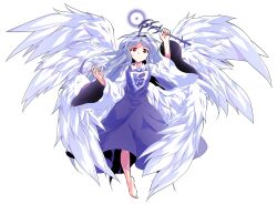 1girl alphes_(style) angel angel_wings barefoot blue_hair breasts closed_mouth collared_shirt commentary_request dairi dress feathered_wings feathers full_body genderswap genderswap_(otf) hair_intakes highres holding holding_wand large_variant_set left-handed long_hair long_sleeves looking_at_viewer multiple_wings parody parted_bangs purple_dress red_eyes sariel_(touhou) seraph shirt smile solo style_parody sweatdrop touhou touhou_(pc-98) transparent_background variant_set very_long_hair wand white_shirt white_wings wide_sleeves wings