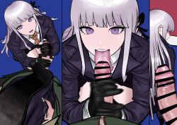 1boy 1girl bar_censor boots censored danganronpa:_trigger_happy_havoc danganronpa_(series) fellatio gloves grey_hair handjob highres kirigiri_kyoko koukou_panchi long_hair looking_at_viewer naegi_makoto open_mouth oral purple_eyes shoes single_boot single_shoe smelling tongue tongue_out tonguejob unworn_boots unworn_shoes