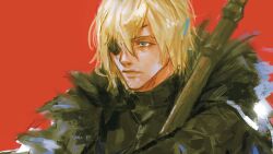 1boy armor black_armor black_fur blonde_hair blue_cape blue_eyes breastplate cape closed_mouth commentary dimitri_alexandre_blaiddyd dimitri_alexandre_blaiddyd_(timeskip) eyepatch fire_emblem fire_emblem:_three_houses fur-trimmed_cape fur_trim hashtag-only_commentary lno408 looking_ahead male_focus medium_hair nintendo one_eye_covered parted_bangs polearm red_background sanpaku simple_background solo upper_body weapon white_fur