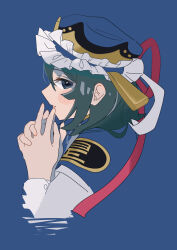 1girl absurdres blue_background blue_eyes blue_hat blue_vest blush closed_mouth commentary_request eik_s2 epaulettes expressionless frilled_hat frills green_hair hat highres long_sleeves looking_at_viewer looking_to_the_side own_hands_together shiki_eiki shirt short_hair simple_background solo touhou upper_body vest white_shirt