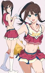 1girl absurdres bloom_into_me15 blush brown_hair cheerleader crop_top ear_piercing gloves highres idolmaster idolmaster_cinderella_girls idolmaster_cinderella_girls_starlight_stage kneehighs midriff miniskirt multiple_views navel piercing pom_pom_(cheerleading) ponytail removing_glove shibuya_rin shoes skirt sleeveless sneakers socks sweat white_gloves