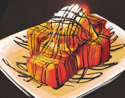 bread bread_slice chocolate_syrup commentary food food_focus french_toast frying-ammonite ice_cream no_humans original plate toast