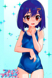 1girl blue_hair blue_one-piece_swimsuit breasts commentary_request copyright_name cowboy_shot flip_flappers hair_ornament hairclip highres kokomine_cocona looking_at_viewer medium_hair one-piece_swimsuit open_mouth red_eyes school_swimsuit small_breasts solo swimsuit tsukiyono_aroe