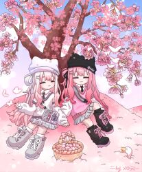 2girls :3 animal_ear_headwear animal_hat bag basket beanie bird black_necktie black_ribbon black_shoes blush boots border bug butterfly cat_hat cherry_blossoms chibi chick closed_eyes closed_mouth collared_shirt duck fake_animal_ears flower food gradient_hair grey_shoes grey_skirt hair_ornament hair_ribbon hair_rings hairclip hanami hat highres holding_hands insect kipfel_(vrchat) long_hair long_sleeves loose_socks m_melodyyy11 miniskirt multicolored_hair multiple_girls necktie one_side_up outdoors petals pink_flower pink_hair pink_sweater pink_theme plaid_clothes plaid_skirt pleated_skirt ribbon shirt shoes short_sleeves shoulder_bag sidelocks single_hair_ring sitting skirt sky sleeves_past_wrists smile socks spring_(season) sweater tree vrchat white_bird white_butterfly white_hair white_ribbon white_shirt white_shoes white_sleeves white_socks white_sweater