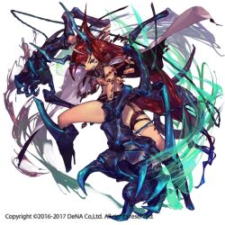 1girl claws copyright_notice extra_horns full_body grin horns long_hair motion_lines noire_(othellonia) official_art othellonia red_hair simple_background smile so-taro solo tail thigh_strap white_background