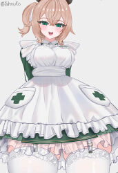 Rule 34 | 1girl, absurdres, animal ears, apron, blush, brown hair, dress, frilled dress, frills, green dress, green eyes, highres, indie virtual youtuber, looking at viewer, nimi nightmare, short hair, smile, solo, tapir ears, tapir girl, thighhighs, virtual youtuber, white apron, white thighhighs, yahnuko