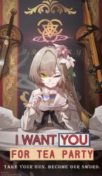 1girl absurdres angel_wings black_neckerchief blue_archive bolt_action brown_hair capelet closed_mouth commentary_request commission cup dress flower gun hair_flower hair_ornament halo hands_up highres holding holding_cup holding_saucer i_want_you lee-enfield long_hair long_sleeves looking_at_viewer low_wings nagisa_(blue_archive) neckerchief one_eye_closed parody pink_flower pink_halo rescat revision rifle round_table saucer smile solo steam sword table teacup trinity_general_school_logo weapon white_capelet white_dress white_flower white_wings wings yellow_eyes