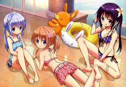 3girls absurdres ass bad_feet barefoot bikini bikini_skirt blue_eyes blue_hair blush breasts brown_hair casual_one-piece_swimsuit cleavage feet flower front-tie_top gochuumon_wa_usagi_desu_ka? hair_flower hair_ornament highres hoto_cocoa hugging_own_legs inflatable_toy innertube kafuu_chino legs long_hair looking_at_viewer looking_back lying multiple_girls nyantype official_art okuda_yousuke on_stomach one-piece_swimsuit open_mouth plaid_bikini plaid_clothes polka_dot polka_dot_bikini polka_dot_swimsuit pool poolside purple_eyes purple_hair scan side-tie_bikini_bottom side_ponytail sitting smile soles swim_ring swimsuit tedeza_rize toes twintails water wet