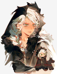 Rule 34 | 1girl, braid, chibi, ciri, cloak, gloves, green eyes, highres, hood, hood up, hooded cloak, horse, long hair, multiple swords, scar, scar across eye, scar on face, single braid, slit pupils, solo, sword, sword on back, the witcher (series), the witcher 4, upper body, walking, weapon, weapon on back, white background, witcher medallion, yuji (fantasia)