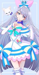 1girl :3 animal aqua_bow aqua_bowtie bag_bow blue_background blue_bow blue_brooch blue_choker blue_crown blue_eyes blue_hairband blue_sleeves blunt_bangs blunt_ends bow bow_choker bow_legwear bowtie brooch cat choker closed_mouth collarbone cowboy_shot crown crown_earrings cure_nyammy dress dress_bow dual_persona earrings eyelashes feather-trimmed_sleeves finger_to_mouth frilled_arm_warmers frilled_dress frills grey_hair hair_bow hairband head_only head_tilt heart heart_brooch highres jewelry large_bow leg_warmers light_blush long_hair magical_girl mini_crown multicolored_bow nekoyashiki_yuki nekoyashiki_yuki_(cat) pink_bow precure short_dress short_sleeves simple_background single_stripe smile standing straight_hair striped_bow striped_bowtie striped_clothes striped_sleeves twitter_username uta_(yagashiro25) very_long_hair waist_bag white_arm_warmers white_bag white_bow white_cat white_dress white_leg_warmers wonderful_precure!