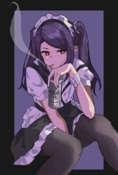 1girl absurdres alcohol asahi_breweries beer beer_can black_dress black_pantyhose bright_pupils can cigar dress drink_can hand_between_thighs hand_up highres holding holding_can jill_stingray long_hair pantyhose puffy_short_sleeves puffy_sleeves purple_background purple_hair red_eyes shirt short_sleeves sidelocks smoking solo suspenders suspenders_slip swept_bangs twintails user_xktd5287 va-11_hall-a white_pupils white_shirt wrist_cuffs