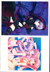 1girl 2011 3girls 5pb. absurdres antenna_hair arm_up ass bare_shoulders beach bikini bikini_skirt black_collar black_dress black_lips black_shorts black_skirt black_thighhighs black_veil blood_tune blue_hair blush bra breasts bridal_veil chaos;head chaos;head_love_chu_chu! check_clothing clenched_teeth clothing_cutout clothing_request collar cover cross cross_pendant dated detached_sleeves dress earrings ears_visible_through_hair english_text erin-fray_orgel exif_rotation flat_chest floral_print frilled_skirt frills gold_hairband hair_ornament hairband hairpin highres jewelry kishimoto_ayase lace lace-trimmed_bra lace-trimmed_collar lace-trimmed_sleeves lace-trimmed_wrist_cuffs lace_bikini lace_trim lipstick long_hair looking_at_viewer makeup matsuo_yukihiro medium_breasts midriff multiple_girls narrowed_eyes navel non-web_source official_art one_side_up open_mouth orange_bikini paint_splatter palm_tree phantasm pink_bikini pink_eyes pink_hair purple_background purple_bikini purple_eyes purple_hair red_lips red_ribbon ribbon ring sakihata_rimi sand seira_orgel shiny_skin short_hair shorts shorts_under_skirt side-tie_bikini_bottom side_ponytail skirt small_breasts smile solo stomach stomach_cutout striped_bikini striped_clothes swimsuit teeth thick_thighs thighhighs thighs tongue tree underwear veil vertical-striped_bikini vertical-striped_clothes wrist_cuffs