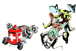 1boy 1girl backpack bag bandages boots censored helmet masked official_art organs pain_sisters promotional_art steering_wheel surgeon tailenders vehicle