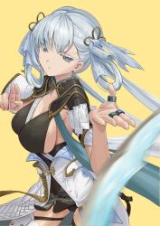 Rule 34 | 1girl, aduo, black collar, black dress, bow, breasts, coat, collar, colored eyelashes, commentary request, dress, earrings, fingernails, hair bow, hand up, highres, jewelry, jinhsi (wuthering waves), kuji-in, large breasts, long hair, looking at viewer, mole, mole on cheek, parted lips, partial commentary, simple background, solo, v-shaped eyebrows, very long hair, white bow, white coat, white eyelashes, white eyes, white hair, wuthering waves, yellow background
