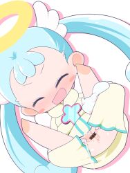 1girl anus bar_censor blue_hair blush blush_stickers cello_(20000) censored closed_eyes doki_doki_majo_shinpan female_focus halo loli long_hair lulu_(doki_doki_majo_shinpan) no_feet open_mouth panties_around_leg peeing pussy pussy_juice smile solo spread_legs spread_pussy spreading_own_pussy twintails webp-to-png_conversion wings