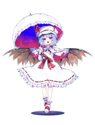 Rule 34 | 1girl, :d, ascot, blue hair, blush, capelet, choker, full body, hat, hat ribbon, highres, holding, holding umbrella, looking at viewer, mob cap, open mouth, red eyes, red footwear, red ribbon, red sash, remilia scarlet, ribbon, ribbon-trimmed skirt, ribbon trim, sash, shirt, short hair, sia 6767, simple background, smile, solo, standing, touhou, umbrella, white ascot, white background, white capelet, white choker, white hat, white shirt, white umbrella, wings