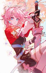 1girl artist_name black_boots black_dress black_gloves boots closed_mouth dress earrings fingerless_gloves floating_hair gloves highres holding holding_sword holding_weapon honkai:_star_rail honkai_(series) jewelry long_sleeves looking_at_viewer march_7th_(honkai:_star_rail) march_7th_(hunt)_(honkai:_star_rail) meirong multicolored_eyes official_alternate_costume official_alternate_hairstyle pink_hair short_hair smile solo sword thighhighs weapon white_thighhighs