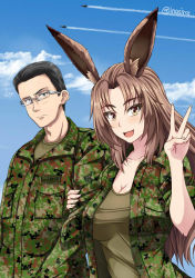 10s 1boy 1girl :d aircraft airplane animal_ears arm_hug black_hair blue_eyes blush breasts brown_hair camouflage cleavage cloud contrail couple day delilah_(gate) fighter_jet gate_-_jieitai_ka_no_chi_nite_kaku_tatakaeri glasses hetero inoshira large_breasts military military_fatigues military_uniform military_vehicle open_mouth outdoors rabbit_ears shirt short_hair signature sky smile taut_clothes taut_shirt v yanagida_akira yellow_eyes