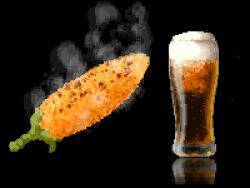 beer_glass burnt corn drink floating floating_object foam food_focus grilled_corn hisachan55cute no_humans original pixel_art reflective_surface steaming_food still_life