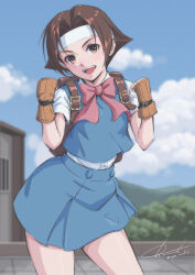 Rule 34 | 1girl, :d, absurdres, blue shirt, blue skirt, bow, brown eyes, brown gloves, brown hair, clenched hands, cloud, day, gloves, headband, highres, justice gakuen, looking at viewer, mixed-language commentary, open mouth, outdoors, pink bow, rooftop, school uniform, shirt, short hair, short sleeves, signature, skirt, smile, standing, taiyou gakuen uniform, tree, tyanoki, wakaba hinata, white headband, white shirt