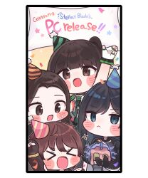 4girls absurdres black_hair blue_eyes blush brown_eyes brown_hair chibi closed_eyes copyright_name eve_(stellar_blade) fingerless_gloves gloves hat highres lily_artemis_ii_(stellar_blade) looking_at_viewer mming_(mmingis18) multiple_girls official_art open_mouth party_hat raven_(stellar_blade) release_celebration stellar_blade tachy_(stellar_blade) white_gloves